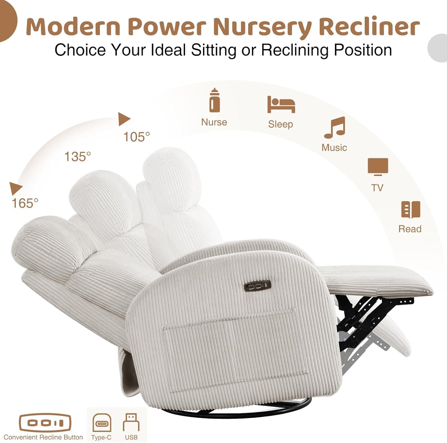 Swivel Rocker Recliner Chair, Rocking Recliner for Nursery with Side Pockets, Manual Swivel Reclining Nursery Glider Chair for Breastfeeding Living Room, Camel Chenille