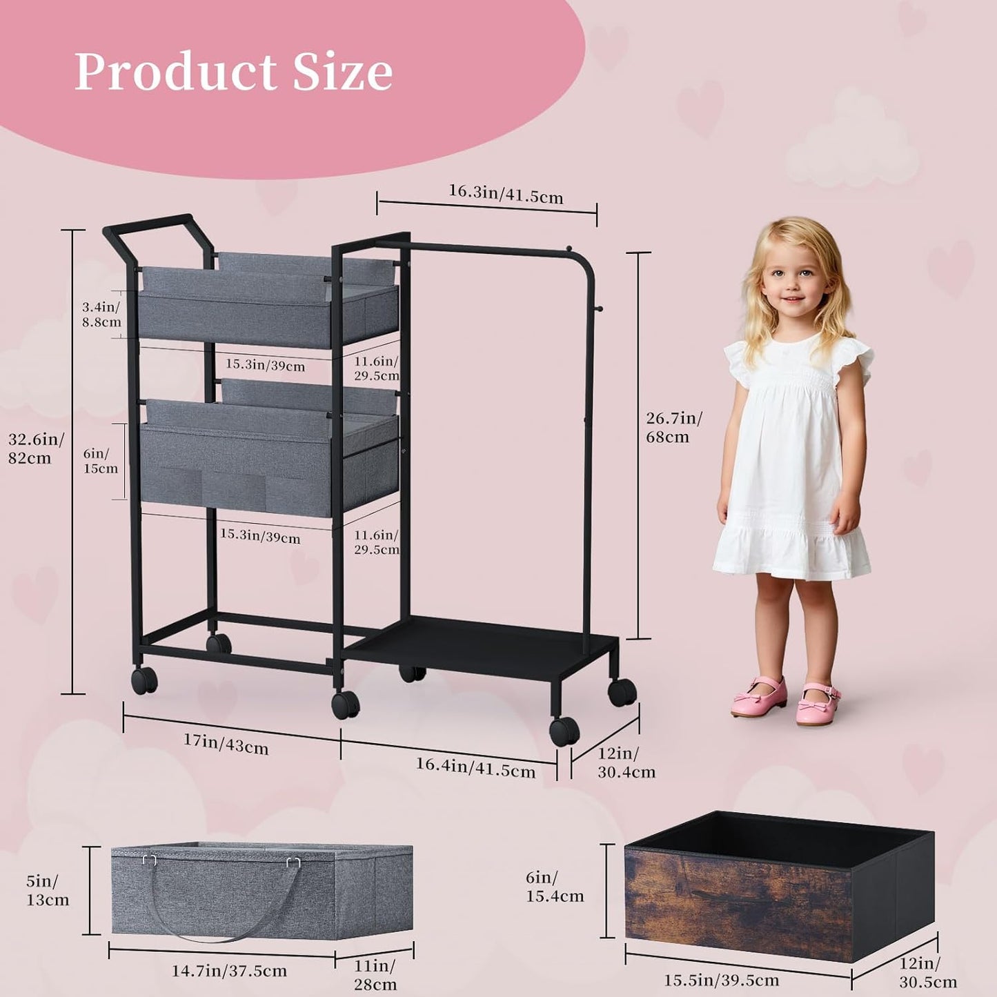 Baby Diaper Caddy Organizer - 3 Tier Rolling Cart with Kids Clothing Rack, Mobile Utility Cart with Dividers and Drawers, Large Capacity Storage Cart for Bedroom, Bathroom, Carts with Wheels