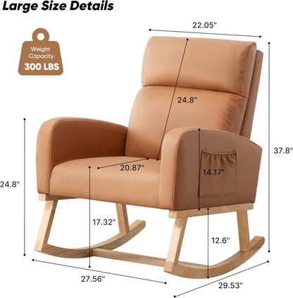 Rocking Chair Nursery, Upholstered Nursing Rocker Chair for Mom with High Backrest and Side Pockets for Bedroom Living Room, Beige