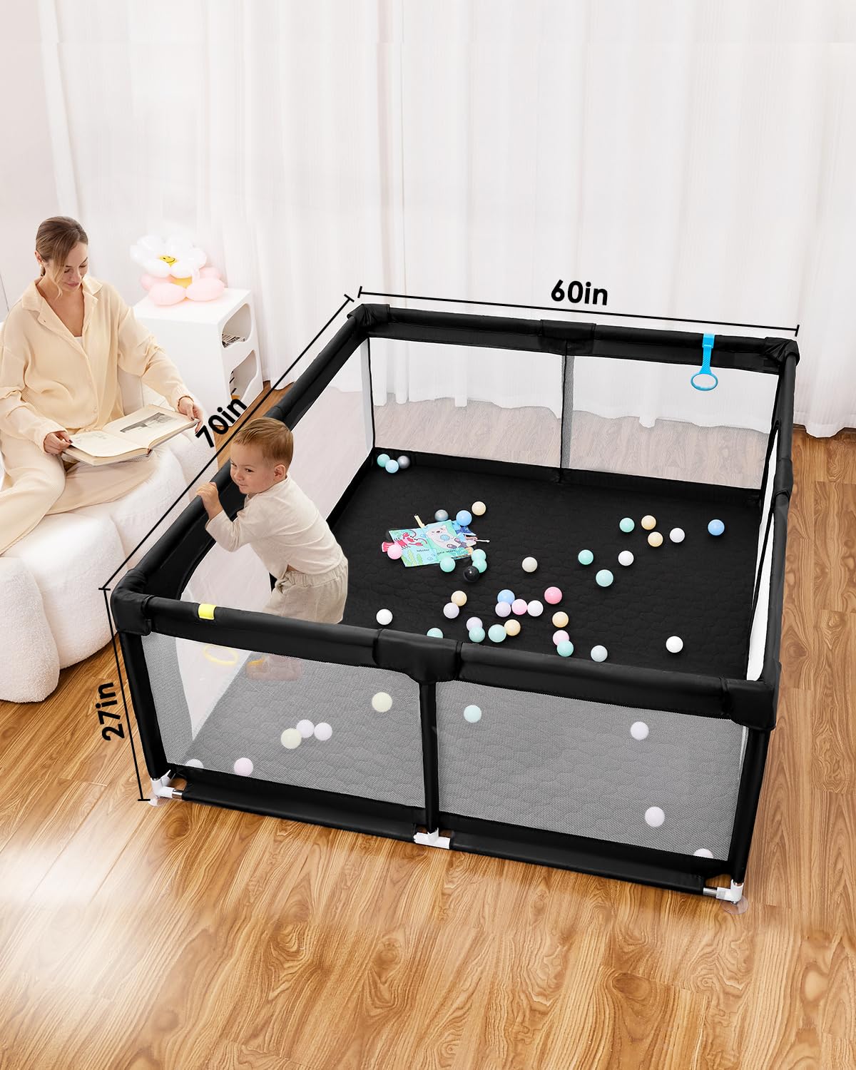 Baby Playpen with Mat, 71" x 59" Extra Large Play Yard for Babies and Toddlers, Baby Fence with Soft Thick Play Mat, Indoor Safety Activity Center for Infants, Easy to Assemble and Clean（Gray）