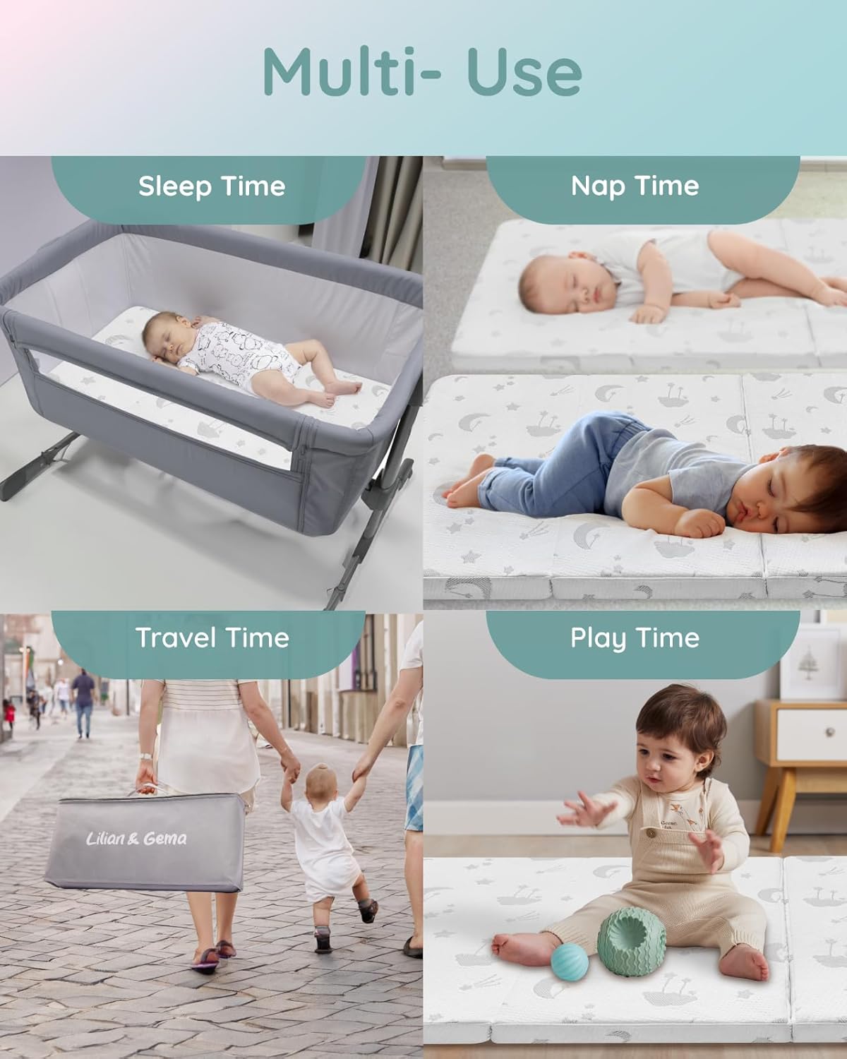 Lilian&Gema Pack and Play Mattress 38"x26"x1.5", Pack N Play Mattresses Pad for Play Pen and Playard, Premium Foam Playpen Mattress Topper with Washable Cover & Traveling Bag for Baby Toddler