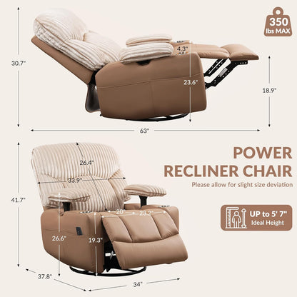 GRAINELL Oversize Power Swivel Recliner, 40in Wide Electric Glider Rocking Chair with Headrest Adjustment, USB Port, 270° Swivel, Rock 30° – for Living Room, Nursery, Black (5" 7' to 6" 1' Height)