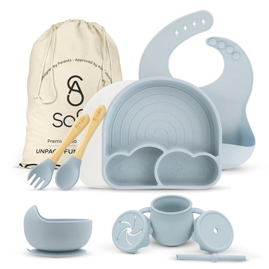 BPA-Free Non-Toxic Silicone Baby Feeding Set – Suction Plate, Bowl, Bib & Cup – 11-Piece Baby Led Weaning Set for Ages 6-18 Months – Eco Gift Bag (Dusty Blue)