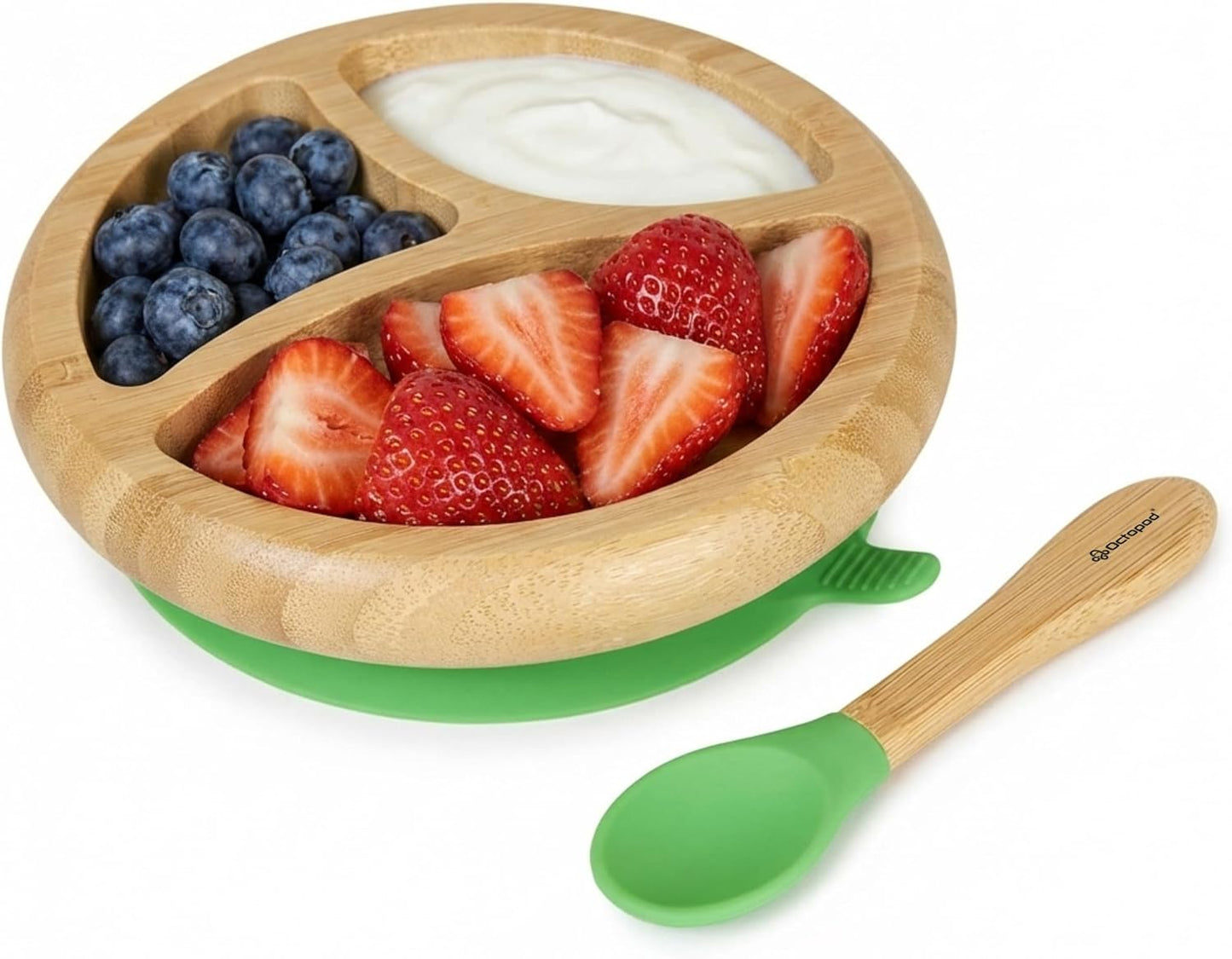 Abiie Octopod Bamboo Dish - Kids Plates for 4 months and up, 3-Compartment Baby Plates with Suction, Triangle Bamboo Baby Plate, Mess-Free Toddler Suction Plates, Baby Feeding Supplies, 8.3x1.9x7.7 in