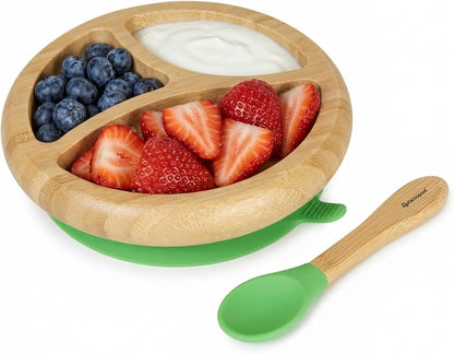 Abiie Octopod Bamboo Dish - Kids Plates for 4 months and up, 3-Compartment Baby Plates with Suction, Triangle Bamboo Baby Plate, Mess-Free Toddler Suction Plates, Baby Feeding Supplies, 8.3x1.9x7.7 in