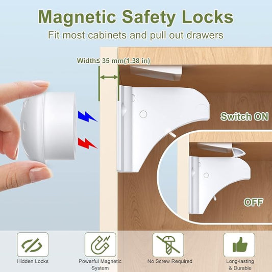 Child Safety Magnetic Cabinet Locks, AOSITE 6 Pack+2 Keys Baby Proofing Magnetic Drawer Locks for Kitchen, Cabinet Lock Baby Proofing with Adhesive No Drill, 4 Baby Safety Cabinet Locks for Knobs