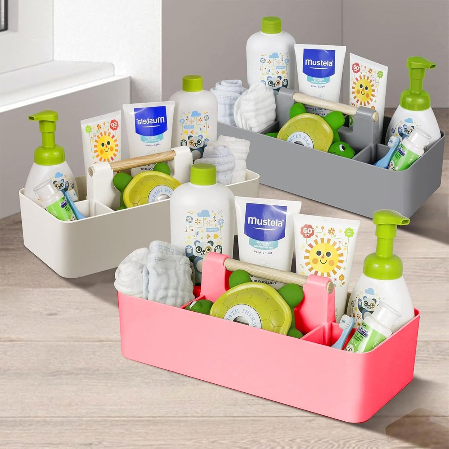 Baby Shower Caddy Plastic Nursery Portable Storage Organizer Caddy Tote for Child/Kids, Divided Basket Bin with Wood Handle for Bathroom, Dorm Room, Holds Hand Soap, Bottles, Spoons (Beige)