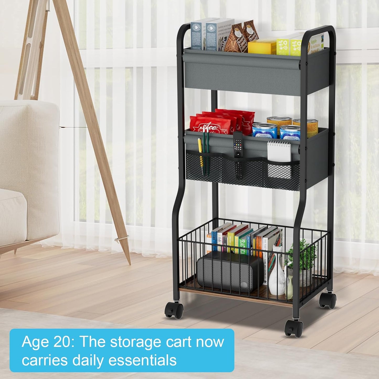3-tier Baby Diaper Caddy Organizer and Storage Cart with 4+3 Dividers, Metal Utility Cart with Lockable Wheels for Nursery, Bedroom, Bathroom, White
