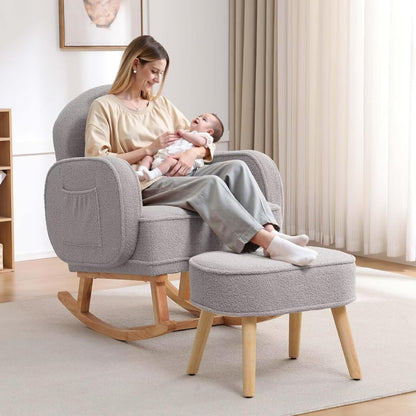HCHAIRH Nursery Rocking Chair with Ottoman, Upholstered Glider Rocker with High Backrest Side Pocket, Rocking Accent Armchair with Solid Wood Legs for Nursery, Living Room, Bedroom, Light Grey