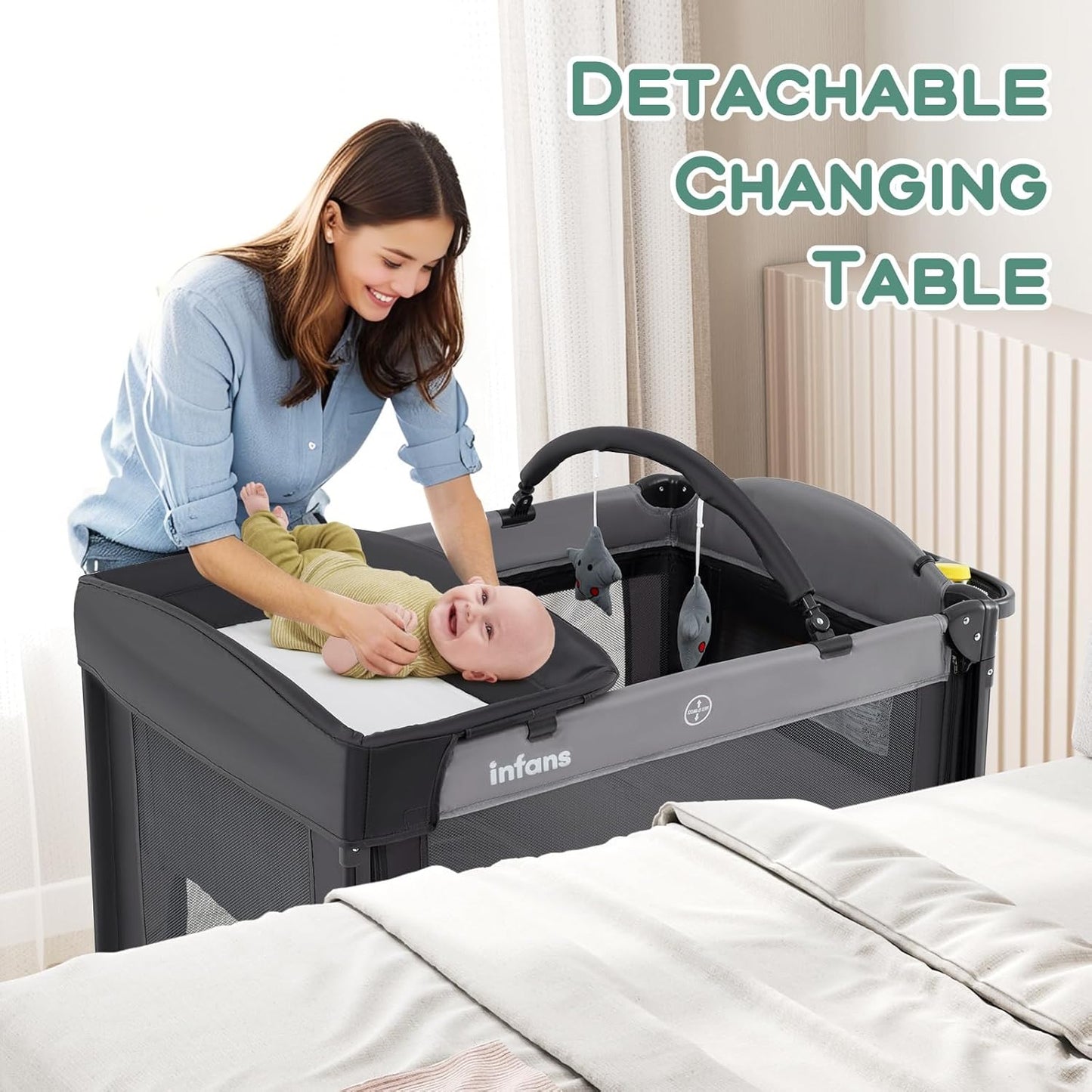 INFANS Baby Bassinet, 4 in 1 Nursery Center Pack and Play Baby Playard with Changing Table, Mosquito Net, Storage Basket, Travel Bag for Newborn 0-36 Months (Gray)