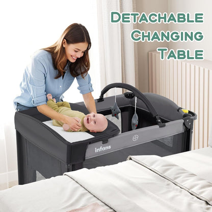 INFANS Baby Bassinet, 4 in 1 Nursery Center Pack and Play Baby Playard with Changing Table, Mosquito Net, Storage Basket, Travel Bag for Newborn 0-36 Months (Gray)