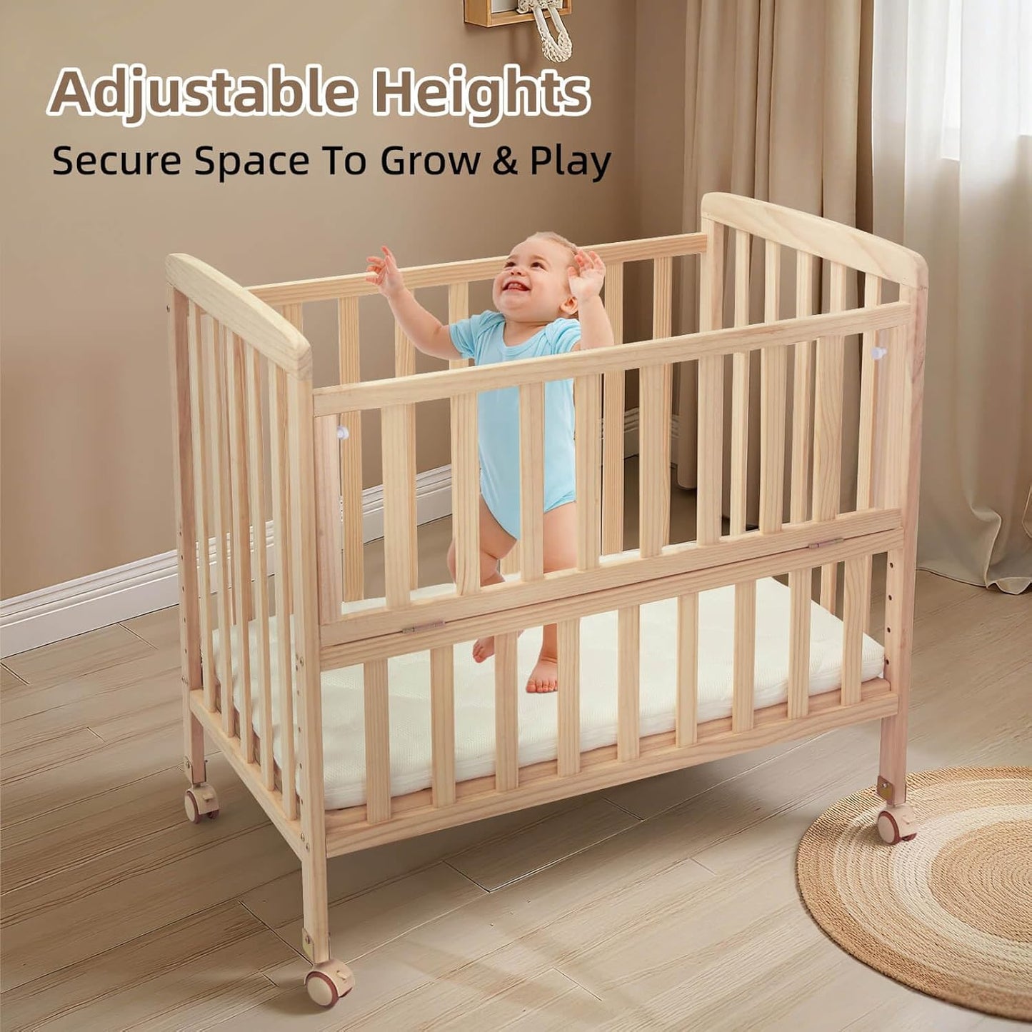 Flwrgirl Baby Bassinets Bedside Sleeper - Portable Pine Wood Bedside Bassinet with Mattress,3 Heights Small Mini Crib,Baby Crib for Newborns,Unpainted | Pine Wood Bassinet, Mattress Included, 3-IN-1 Convertible, Adjustable Height, Locking Wheels, Portalbe
