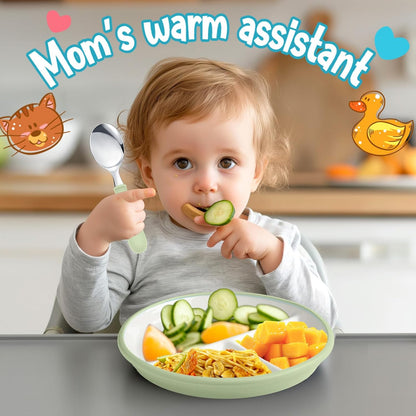 Teenyyou 3 Pack 8" Large Porcelain Toddler Plates Feeding Set, Ceramic Kids Suction Plates with Anti Slip Silicone Sleeve for Baby 3 Spoons and Forks Divided Kids (Blue,Green,Beige)
