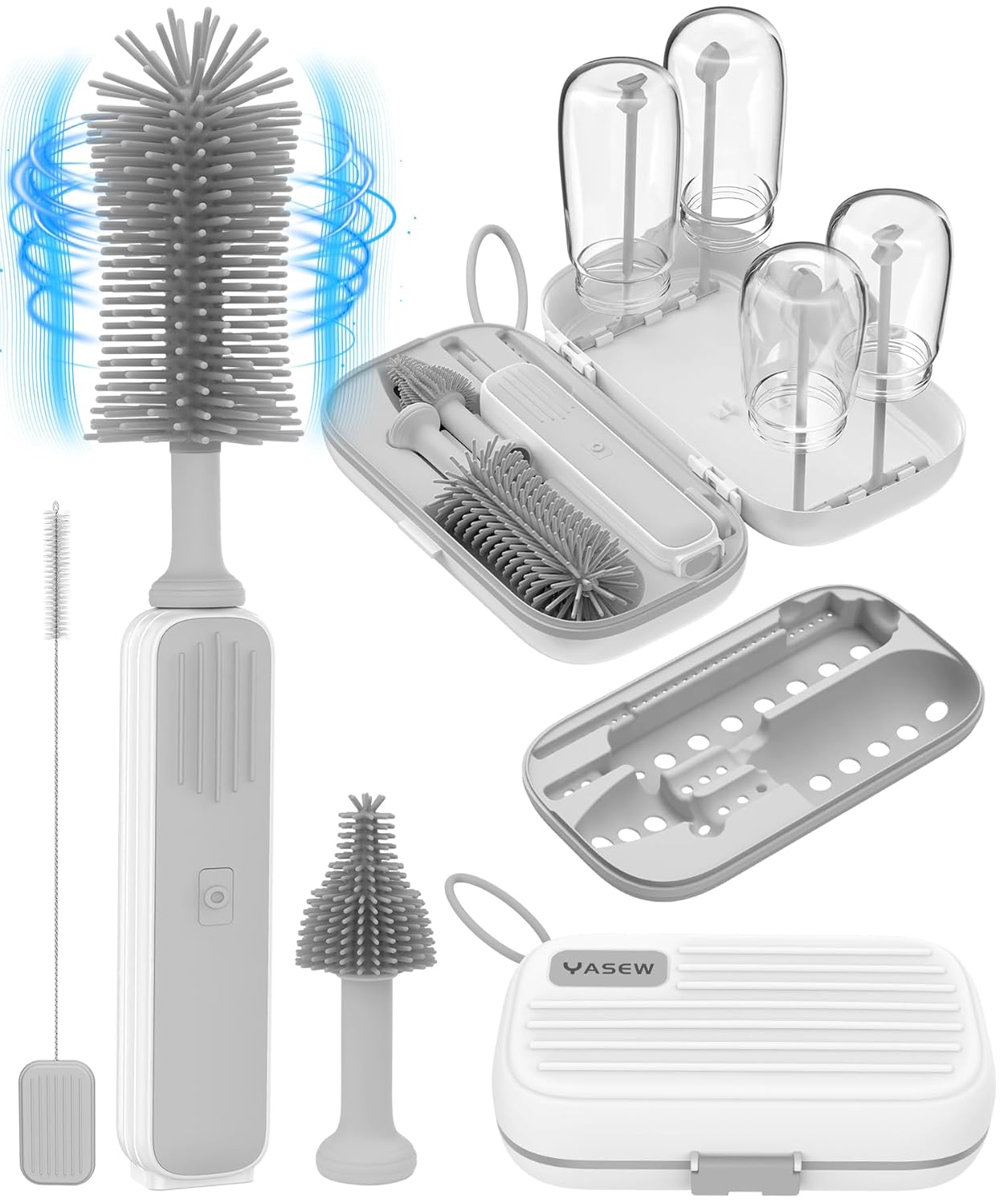 Electric Baby Bottle Brush Cleaner, Baby Travel Bottle Cleaner Kit- 2000mAh Rechargeable Silicone Brush, Drying Rack, Compact Storage Box, 360° Efficient Cleaning Bottle Brush for Home & On-The-Go