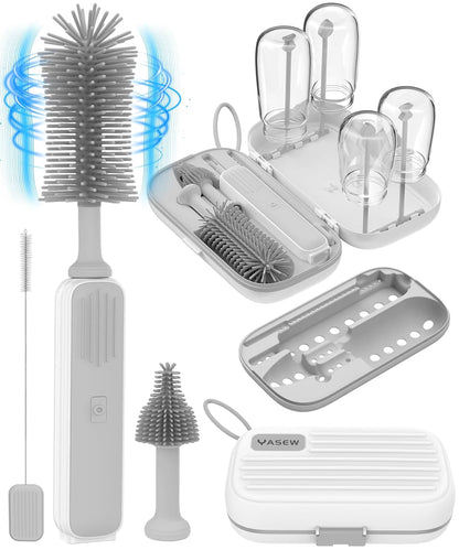 Electric Baby Bottle Brush Cleaner, Baby Travel Bottle Cleaner Kit- 2000mAh Rechargeable Silicone Brush, Drying Rack, Compact Storage Box, 360° Efficient Cleaning Bottle Brush for Home & On-The-Go