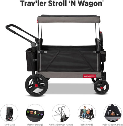 Radio Flyer City Luxe Stroll 'N Wagon, for Ages 1+, 3-in-1 Push or Pull, with Bench Mode, Easy Fold, UV Canopy, 5-Point Harnesses, Front Caster Wheels & 12" Rear Wheels, Stroller Wagon for Kids