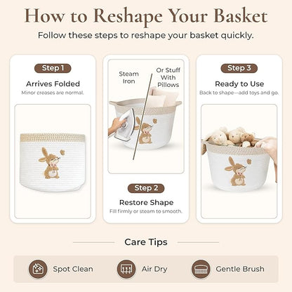 Bunny Storage Basket for Nursery – Large 15"x11" Cotton Rope Bin with Soft Embroidered Bunny Patch – Toy Organizer, Baby Laundry Hamper, Blanket & Diaper Holder – Foldable, Washable & Baby-Safe