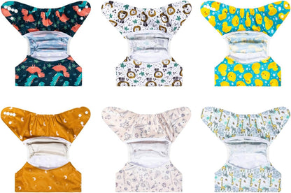 ALVABABY 6pcs Cloth Diaper Covers &1 Wet Dry Bag, Washable Reusable Cloth Nappy Shell for Prefold with Multi-Functional Bag, Flat or Fitted Diaper Inserts 6NKZ06