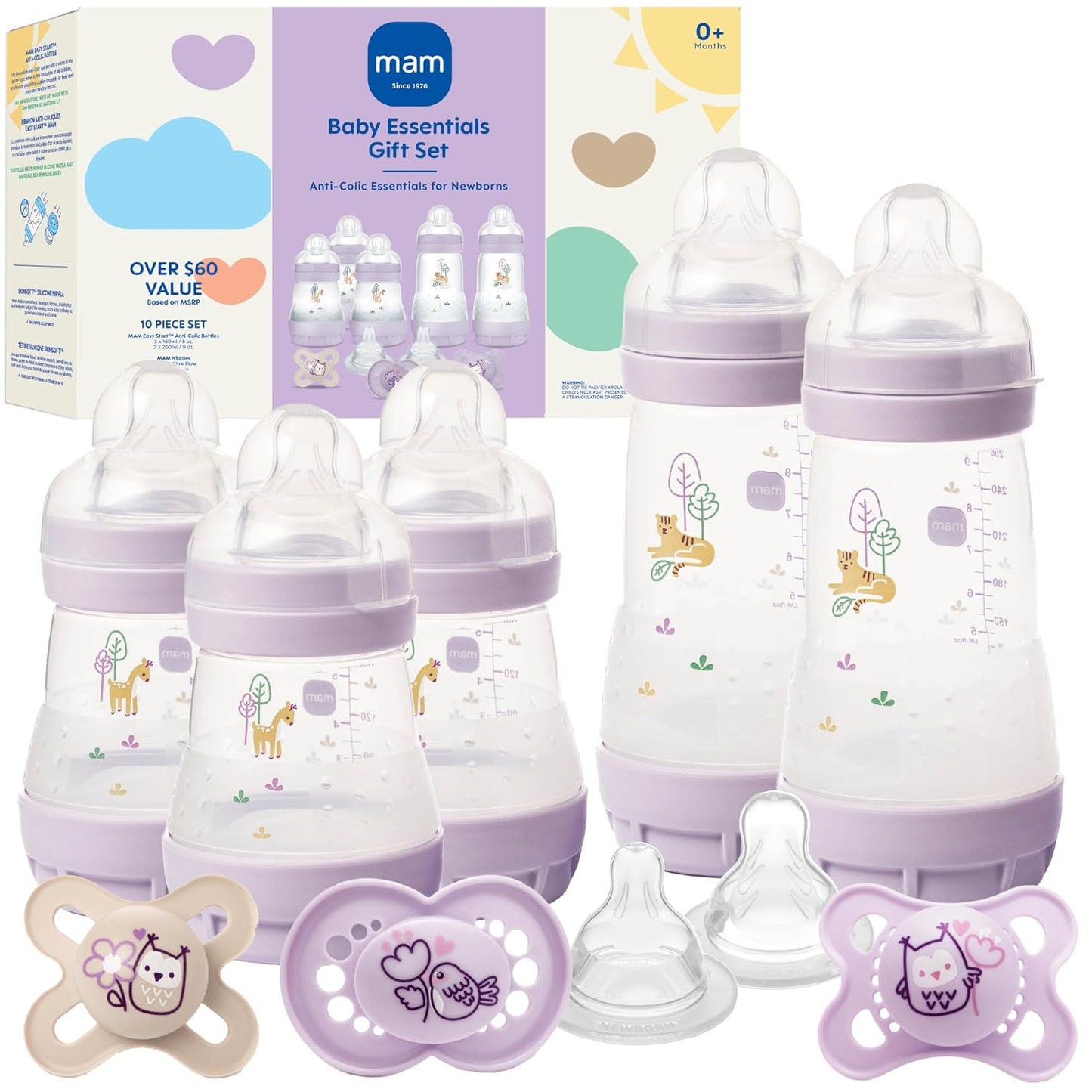 MAM Easy Start Anti-Colic Baby Bottle & Pacifier Set, 5 Self Sterilizing Bottles (3X 5oz, 2X 9oz) & 3 Original Pacifiers 0–16 Months + Extra Nipples, Newborn Feeding Gift Set