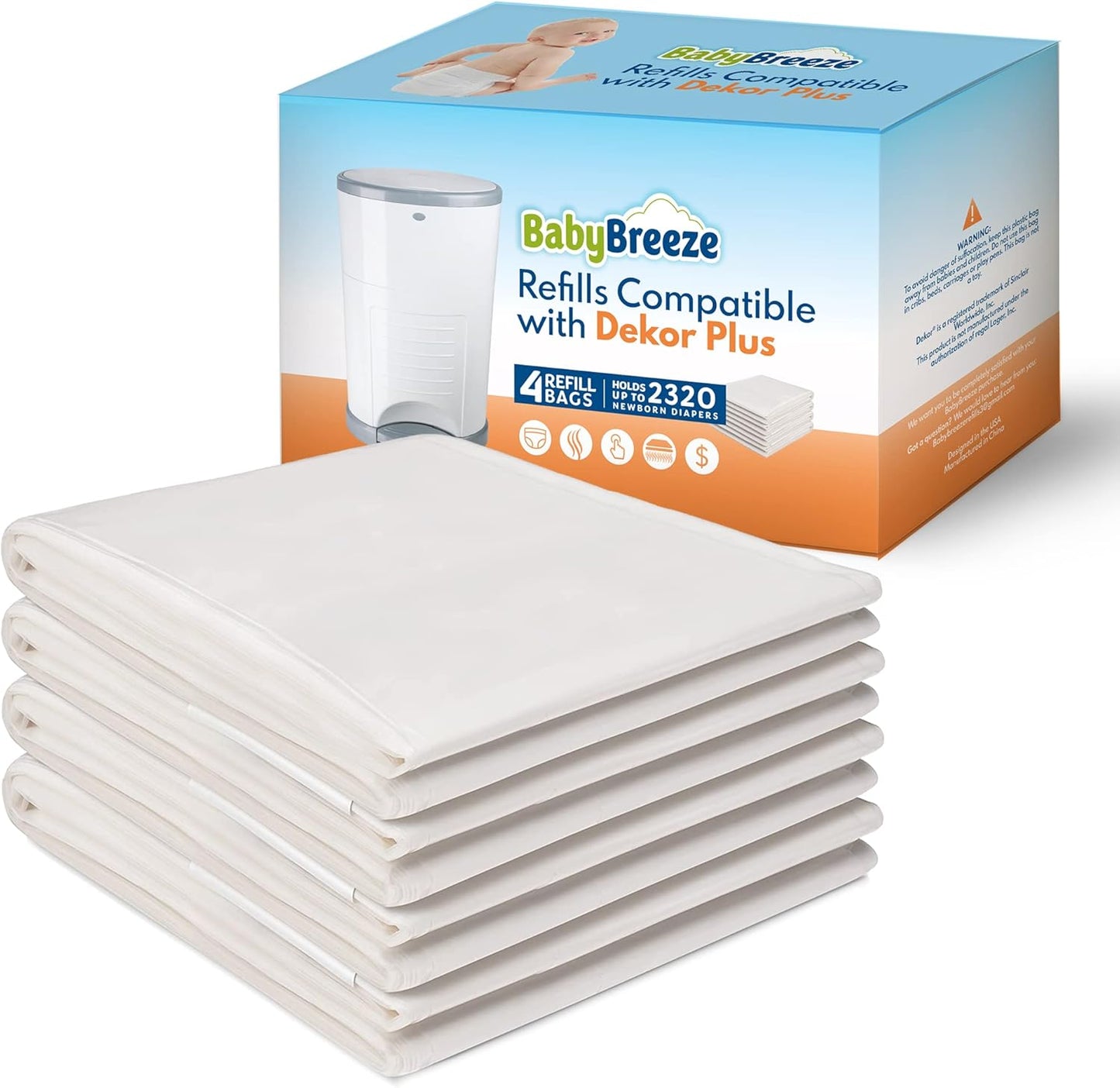Diaper Pail Refills Compatible with Dekor PLUS Diaper Pail 4 Refill Bags Holds 2320 Diapers – Strong, Durable Baby Powder Scented Refills Bags