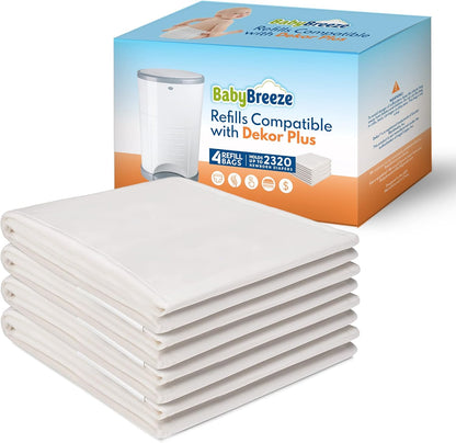 Diaper Pail Refills Compatible with Dekor PLUS Diaper Pail 4 Refill Bags Holds 2320 Diapers – Strong, Durable Baby Powder Scented Refills Bags