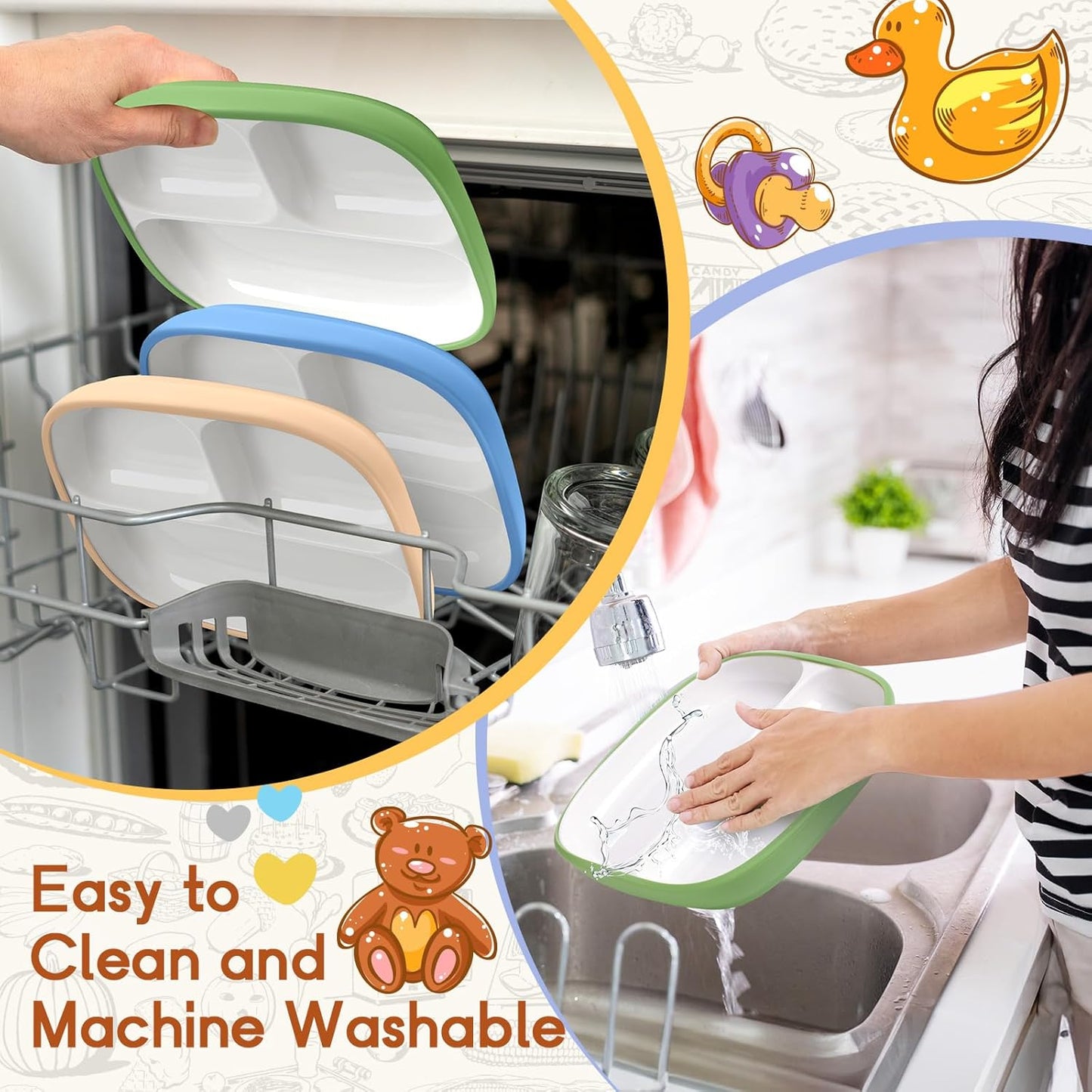 Domensi Kids Porcelain Plates with Silicone Sleeves 8.2 Inch Divided Porcelain Plate Toddler White Suction Dishes for Baby Troubleless Eating Microwave Dishwasher Safe(Stylish,3 Set)