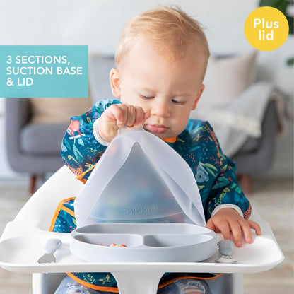 Bumkins Toddler and Baby Suction Plate, Divided Grip Dish for Babies and Kids, Baby Led Weaning, Feeding Supplies, Sticks to Tables and Highchairs, Platinum Silicone, for Chidren 6 Months, Gray