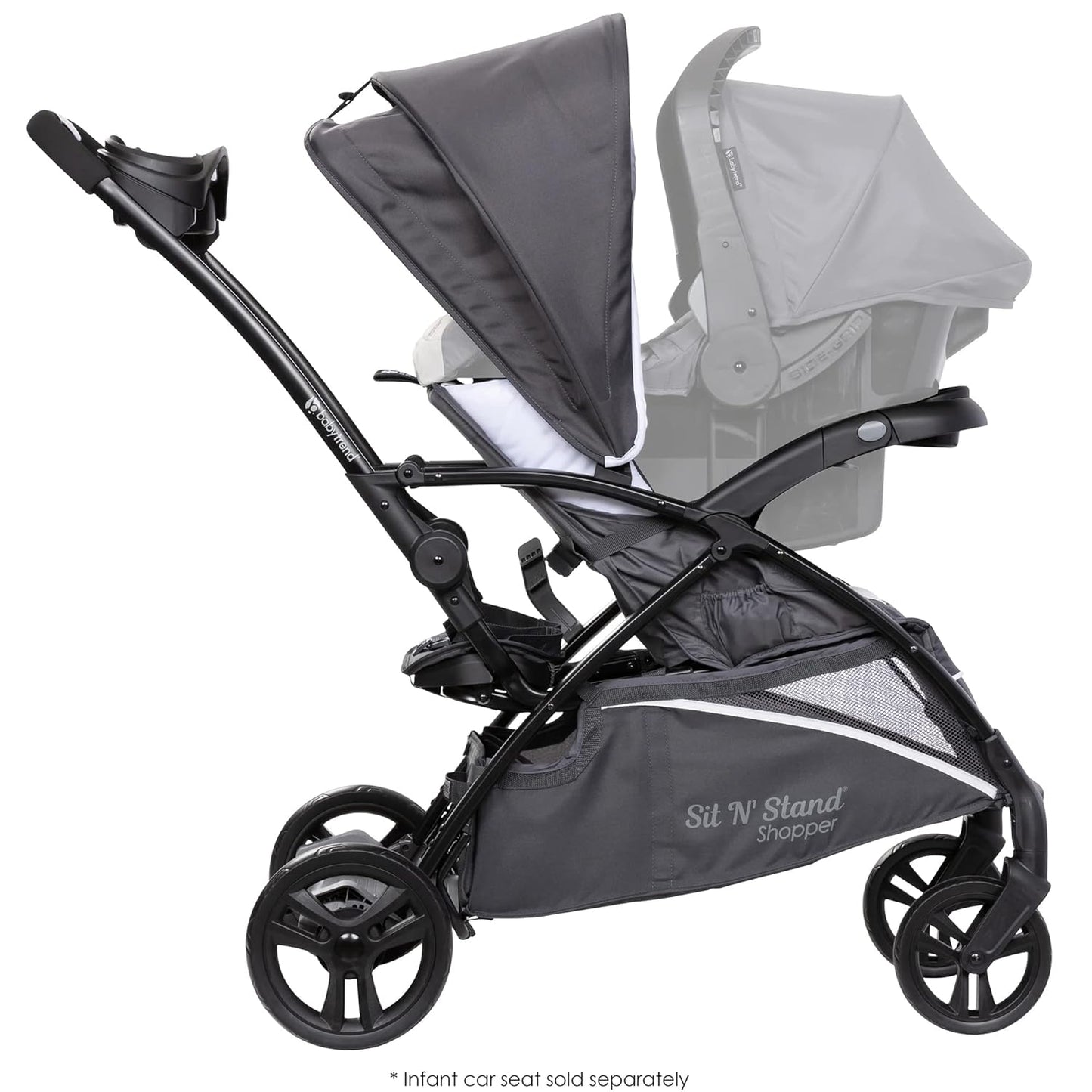 Baby Trend 5-in-1 Kids Shopper and Travel Stroller with Canopy Visor, Storage Basket and 2 Cup Holders, Sit N' Stand, Magnolia - Collapsible Infant and Toddler Stroller and Car Seat Combo System