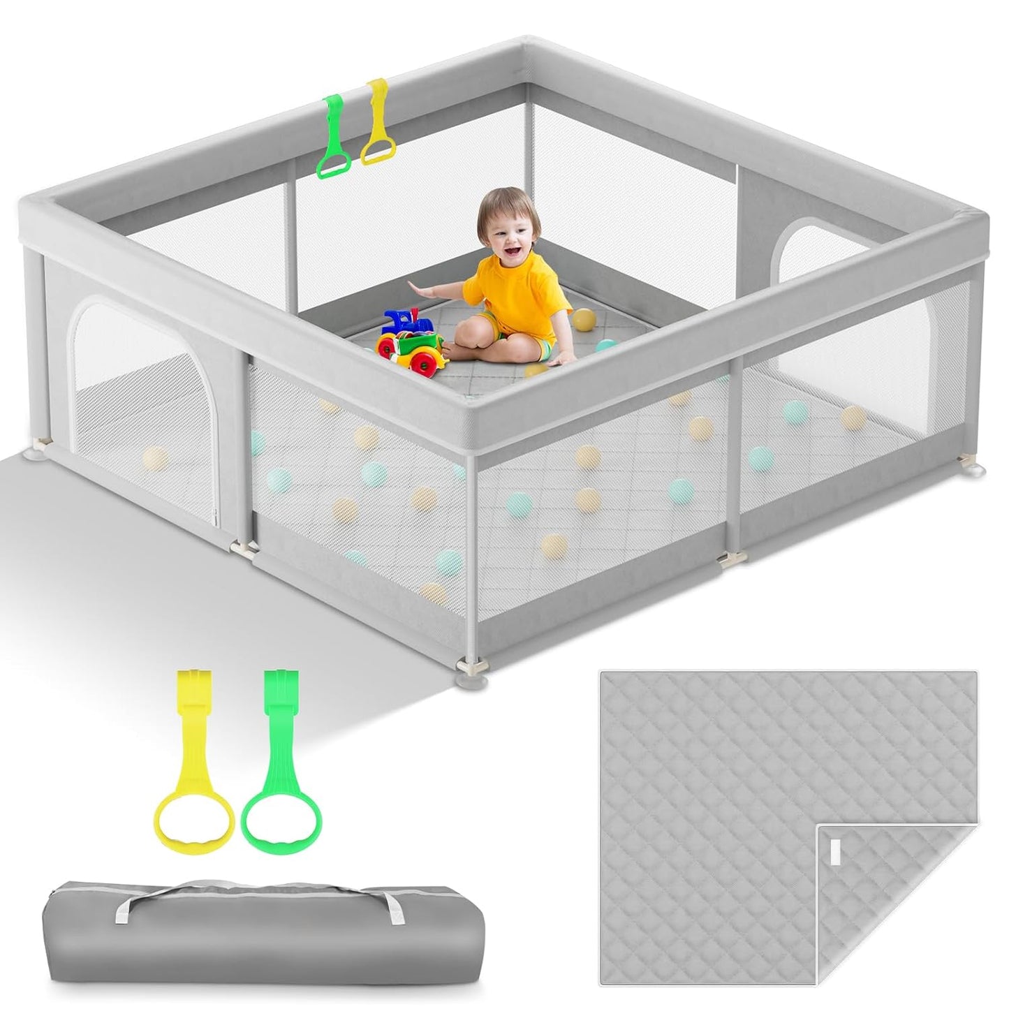 Omzer Baby Playpen with Mat 71"×59" - Extra Large Playpen for Babies and Toddlers with Mat Included, Safety Playard for Baby with Gate, All-Wrapped Soft Sponge Baby Gate Playpen with Stable Mat Velcro