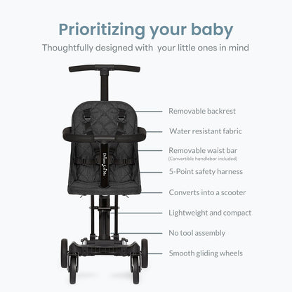 Dream On Me Coast Rider Travel Stroller, Lightweight & Compact Baby Stroller, Theme Park Approved, Book-Folding Design, Adjustable Handle, Soft-Ride Wheels, Converts to Rider & Scooter - Pink