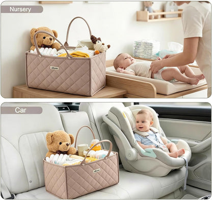 SUNVENO Quilted Diaper Caddy Organizer, Soft Padded Baby Diaper Caddy with Removable Dividers, Large Nursery Storage Basket for Diapers, Wipes and Baby Essentials, Portable Nursery Organizer, Brown