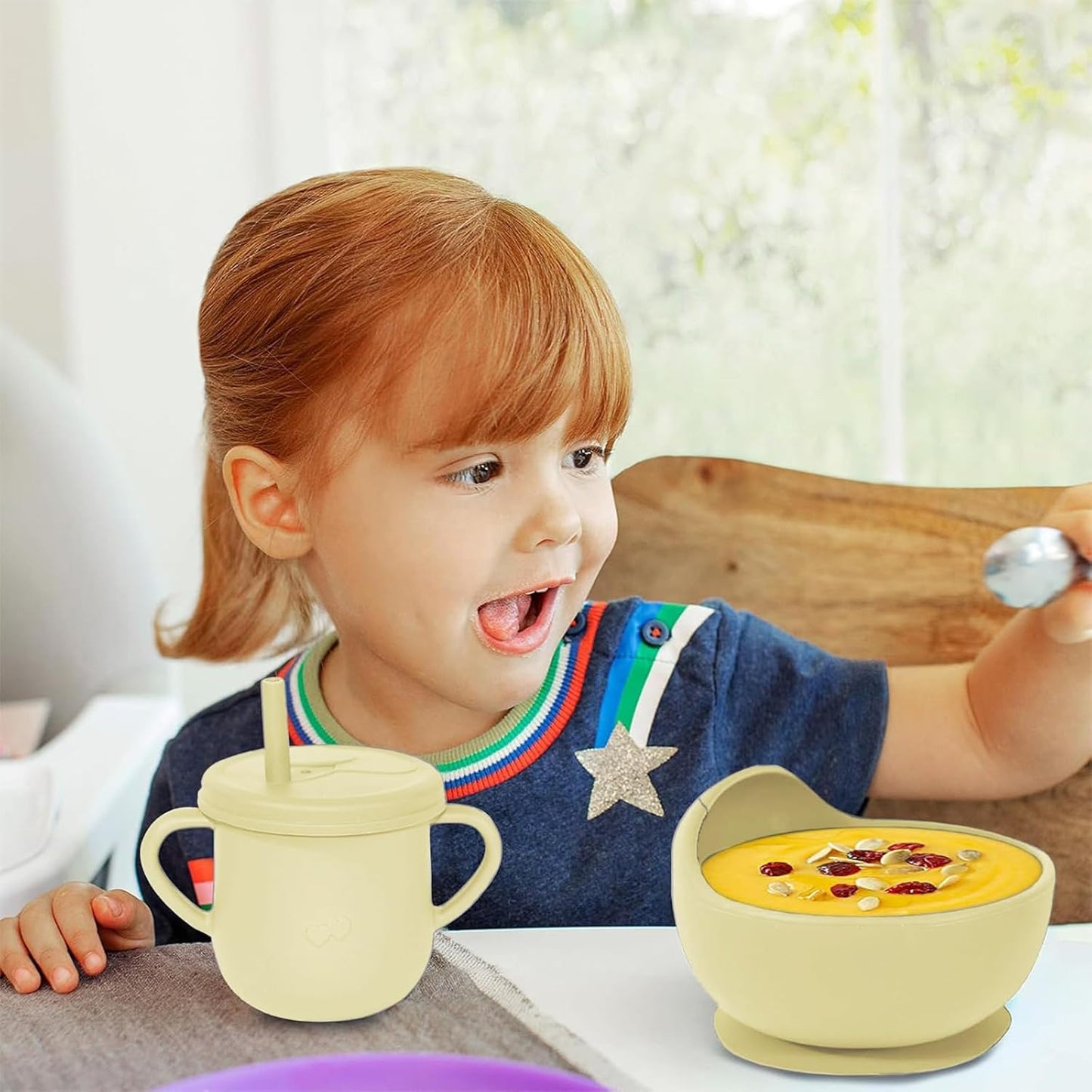 100% Silicone Baby Feeding Set, BPA Free Baby Dishes with Suction Bowl, Divided Plate, Toddler Self Feeding Dish Set with Spoons, Forks, Sippy Cup and Bib, Baby Eating Utensils (Navy Blue)