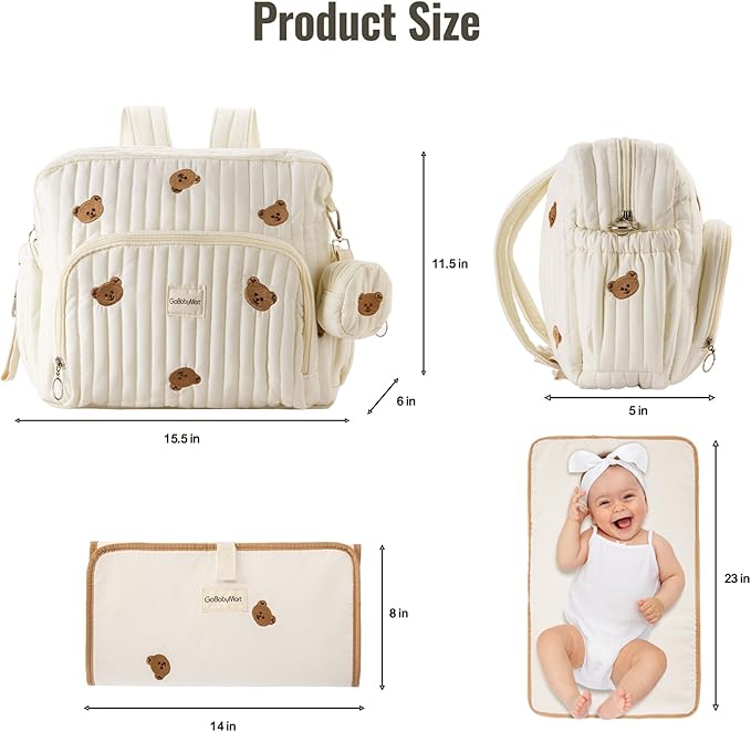 GOBABYMART Diaper Bag Backpack, Medium Maternity baby bag & Changing Pad, Insulated Pockets, Stroller Straps & Pacifier Case (Medium - Beige Bears)