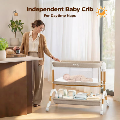 Ezebaby 3 in 1 Baby Bassinet Bedside Sleeper, Rocking Bassinet for Baby with Comfy Mattress & Breathable Full Mesh Sides, 7 Height Adjustable | Portable Crib for Newborns with Lockable Wheels