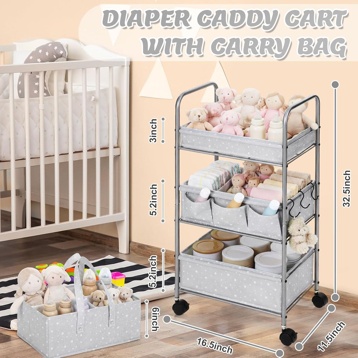 Yookeer 2in1 Baby Diaper Caddy Organizer Cart 3 Tier Large Capacity Metal Utility Bedside Rolling Cart with Divider Newborn Registry Gift Nursery Essential Must Have Bedroom Baby Shower(Gray,Star)
