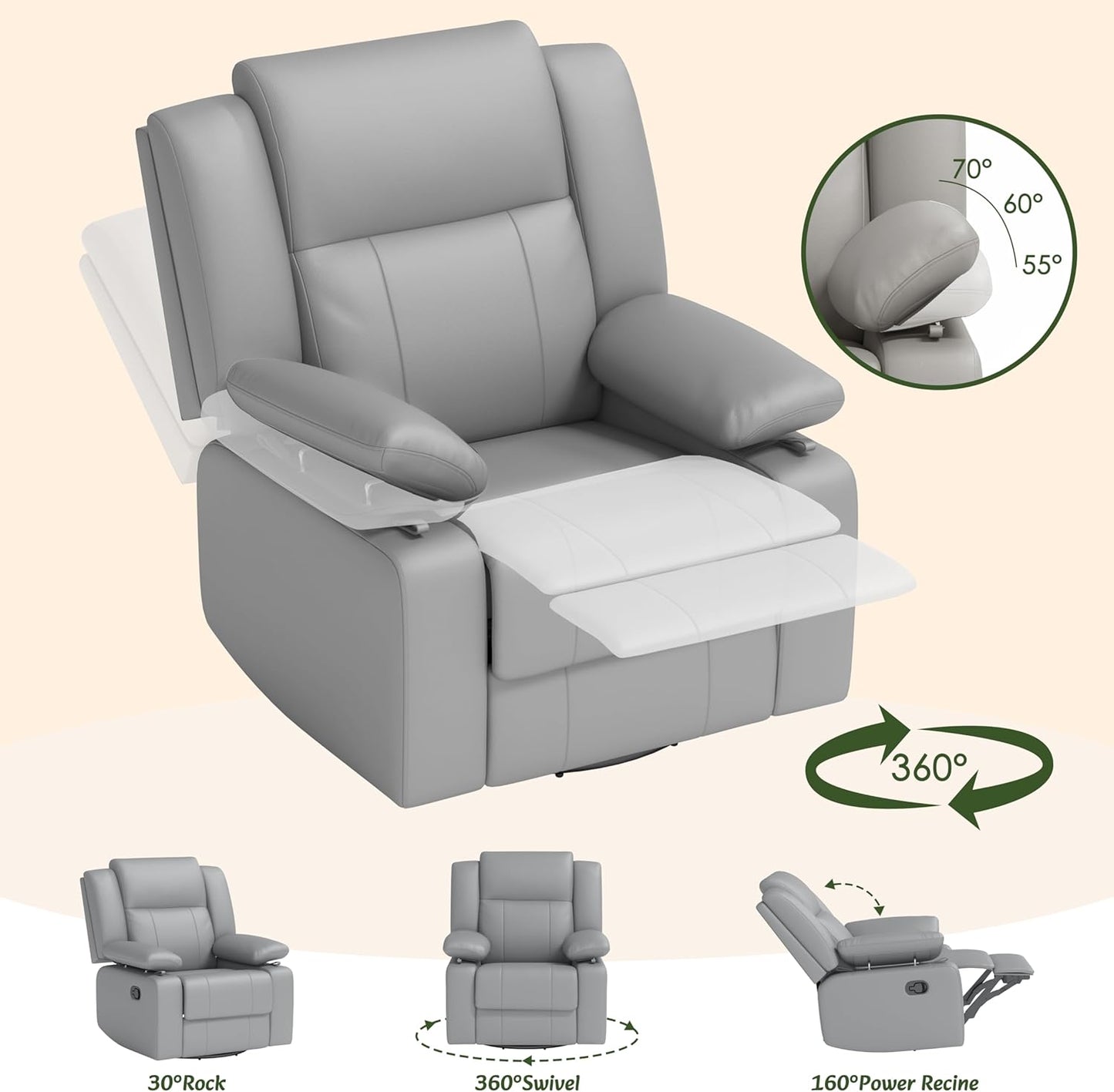 AILEEKISS Nursery Glider Recliner Chair with Adjustable Armrests, Swivel Rocking Recliner for Breastfeeding Moms, 360° Swivel, 30° Rocking, 90°-160° Recline, Easy-Clean Nursery Chair(White)