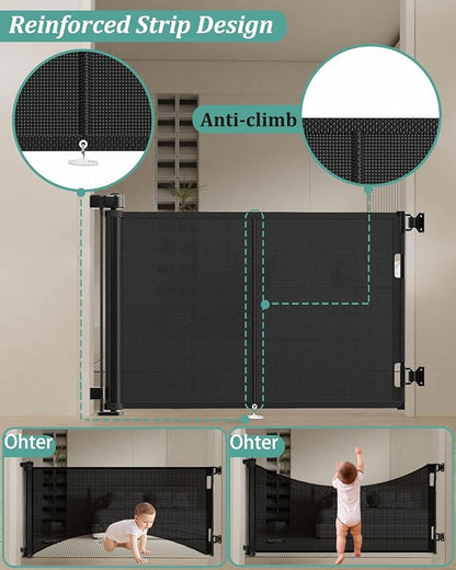 Miumoon 59 inch Retractable Baby Gates 34 inch Tall, Retractable Gate with Reinforced Strip Design to Prevent Crawling Through, 5 FT Retractable Dog Gate for Stairs, Doorways, Hallways, Indoor/Outdoor