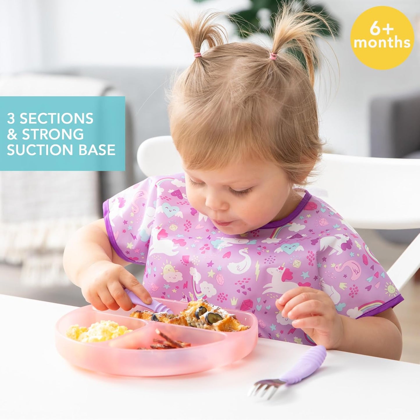 Bumkins Toddler and Baby Suction Plate, Divided Grip Dish for Babies and Kids, Baby Led Weaning, Feeding Supplies, Sticks to Tables and Highchairs, Platinum Silicone, for Chidren 6 Months, Gray