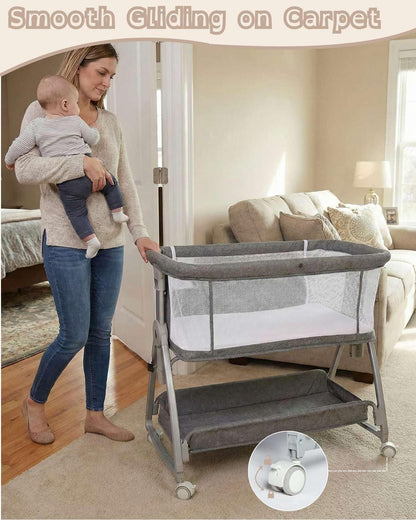 Bedside Bassinet for Baby, Sturdy 3 in 1 Bedside Sleeper with Mattress & Wheels, Height Adjustable, Breathable Mesh, Storage Basket, Easy to Assemble for Newborn, Grey