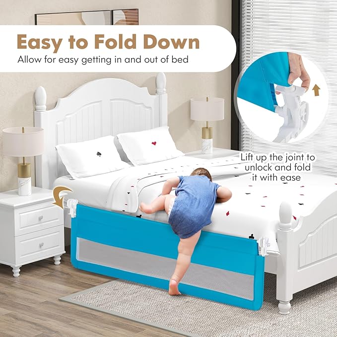 BABY JOY Bed Rails for Toddlers, 71'' Extra Long, Upgraded Swing Down Bed Guard w/Safety Strap, Folding Baby Bedrail for Kids Twin, Double, Full Size Queen & King Mattress (71-Inch, Blue)