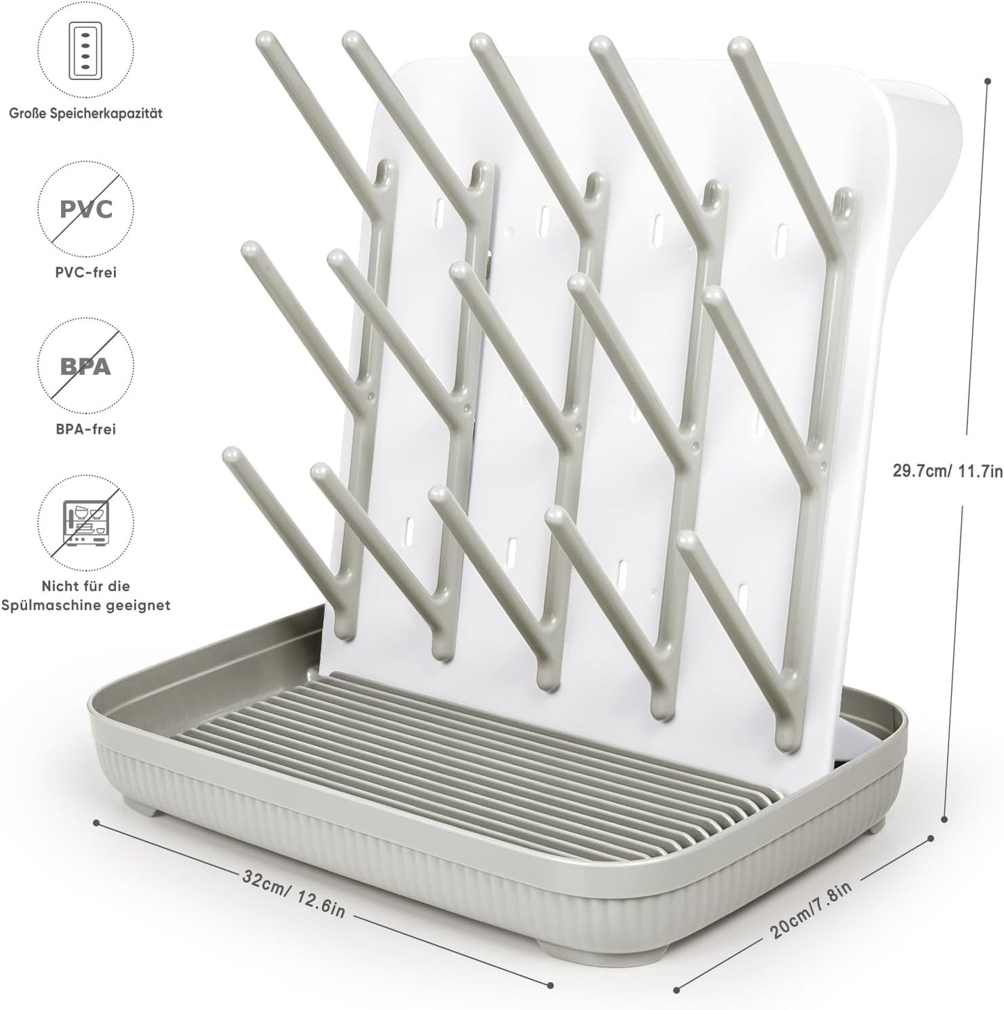 Termichy Baby Bottle Drying Rack: Large Vertical Bottle Dryer Rack Holder - Space Saving Standing Drying Rack for Baby Bottles and Pump Part Cleaning (Gray)