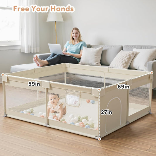 Mloong Large Baby Playpen for Toddler - 69×59in Babies Play Pen Playard Active Center Beige