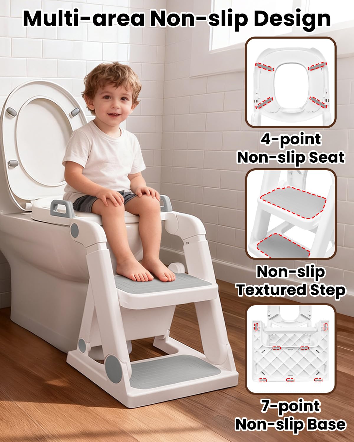 Potty Training Seat, Primlect Upgrade Ultra-Stable Toddler Toilet Seat for Kids Boys Girls, 2 in 1 Potty Training Toilet with Step Stool, Adjustable Seat and Ladder, Non-Slip Pad, Splash Guard (Grey)