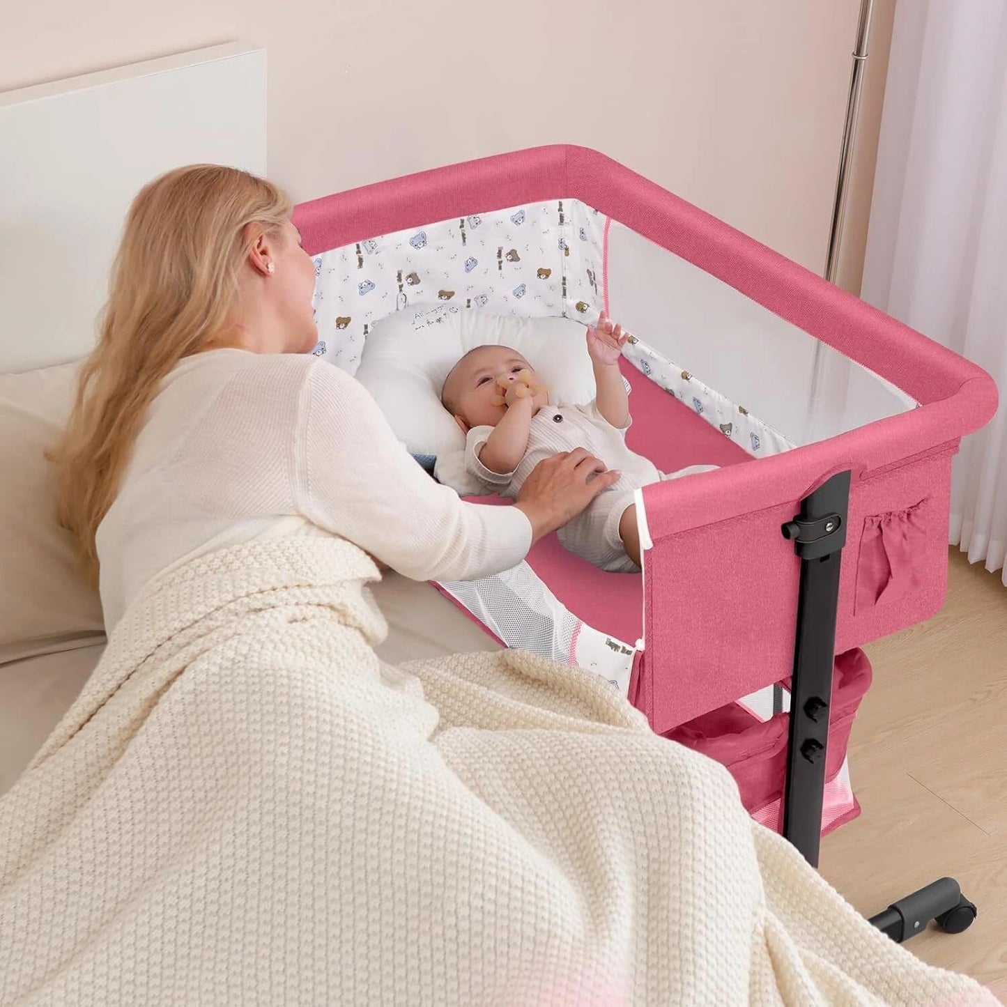 Baby Bassinets Bedside Sleeper, 3 in 1 Baby Bassinet, Adjustable Easy Folding Portable Bed, with Mosquito Nets, Large Storage Bag, Comfortable Mattresses, for Infant/Baby/Newborn (Gray)