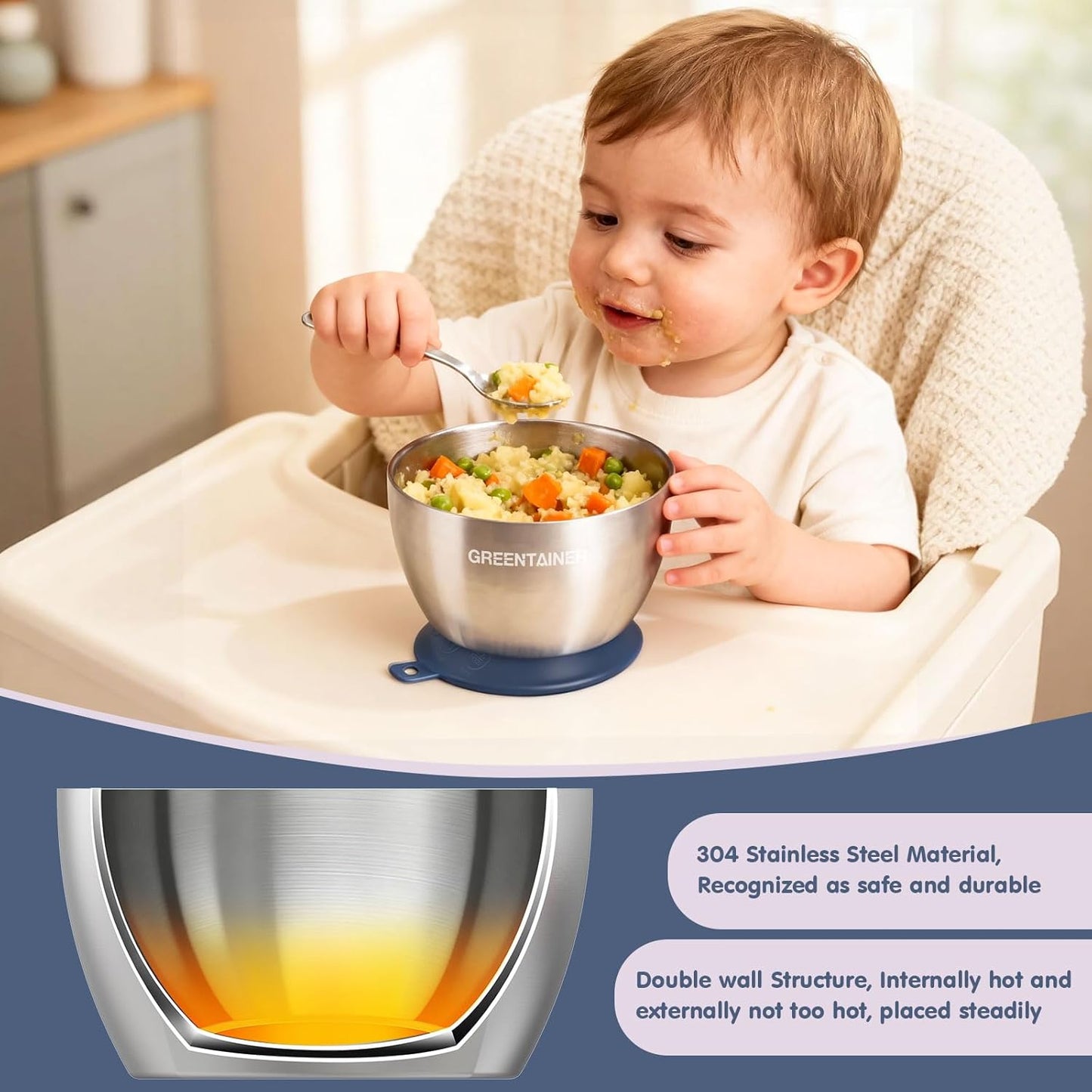 Greentainer Stainless Steel Baby Bowl Set of 3, Double Wall Insulated, Unbreakable Toddler Bowls with Removable Silicone Suction Base, Non-Slip, Dishwasher Safe, BPA-Free for Infants 6+ Months (Green)
