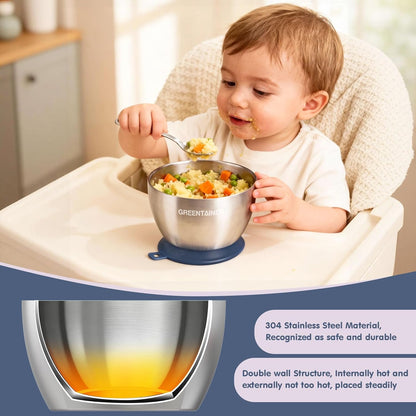 Greentainer Stainless Steel Baby Bowl Set of 3, Double Wall Insulated, Unbreakable Toddler Bowls with Removable Silicone Suction Base, Non-Slip, Dishwasher Safe, BPA-Free for Infants 6+ Months (Green)