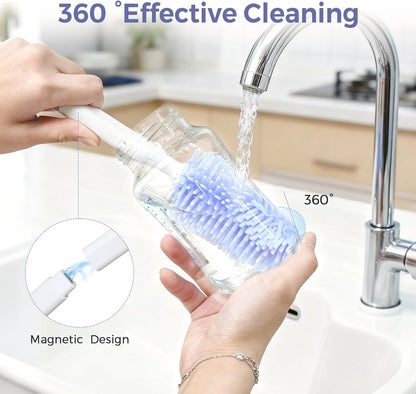 Baby Bottle Brush Set,8 in 1 Magnetic Design Cleaner Bottle Brush Kit with Silicone Brush,Drying Rack for Baby Bottle, Breast Pumps,Nipples - Home&Travel Gift for New Parents