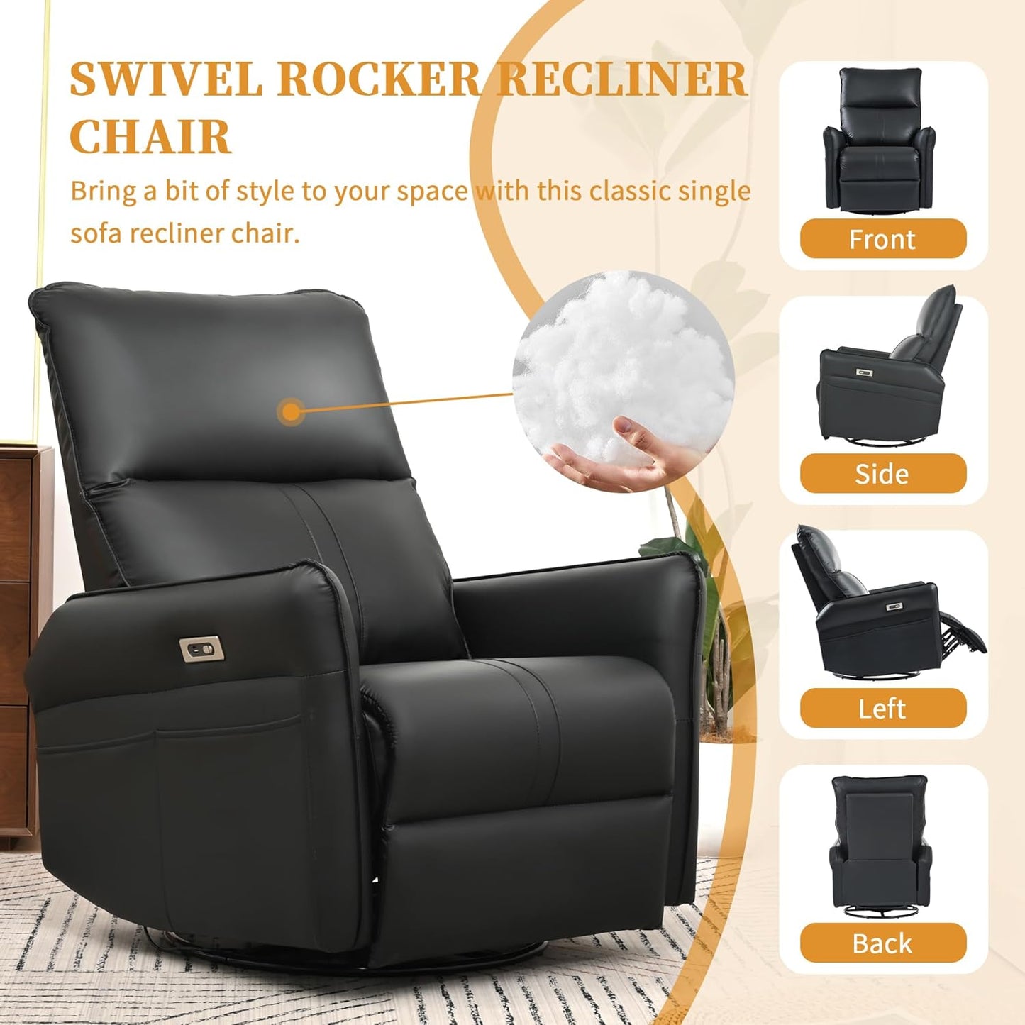 Power Swivel Rocker Recliner Chair for Nursery, Upholstered Snowflake Velvet 270°Swivel Glider Rocker Chair with USB Ports, Small Power Recliners for Small Spaces Living Room
