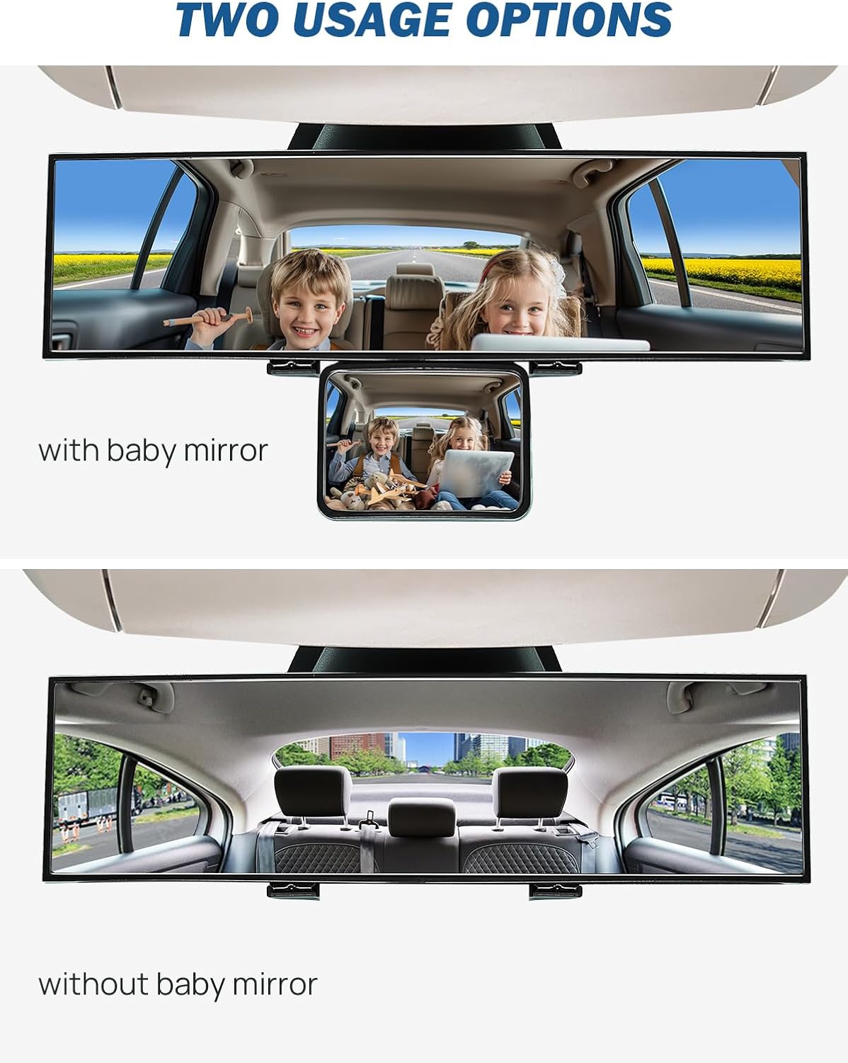 JOYTUTUS Car Rear View Mirror with Baby Mirror, Universal 11 Inch Panoramic Convex Rearview, Clip-On Wide Angle Rear View Reduce Blind Spot Effectively for Car and Can Keep an Eye on the Back Seat