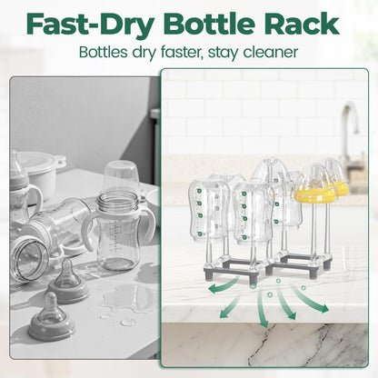 EsLuker.ly Baby Bottle Drying Rack Bamboo Vertical Dryer Holder, Space Saving for 12 Milk Glass Bottle Countertop, Wooden Drain Stand Shelf for New Parents